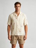 Men's Short Sleeve Cuban Collar Button-Up Shirt with All-Over Seashell Pattern - Light Beige