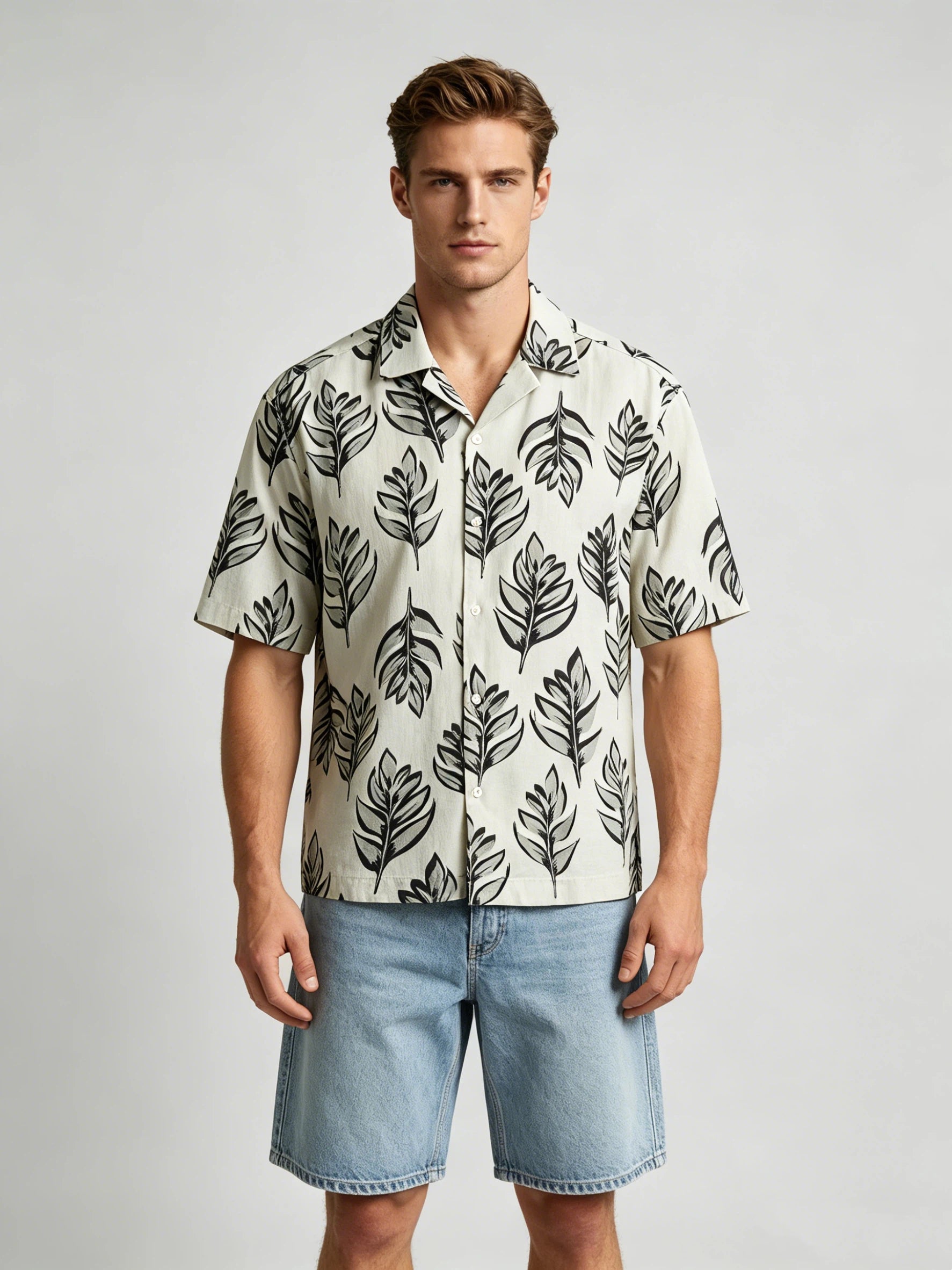 Men's Short Sleeve Cuban Collar Button-Up Shirt with Symmetrical Leopard Print - Yellow-Beige