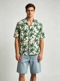 Tropical Leaf Print Camp Shirt - Beige Men's Short Sleeve Button Up
