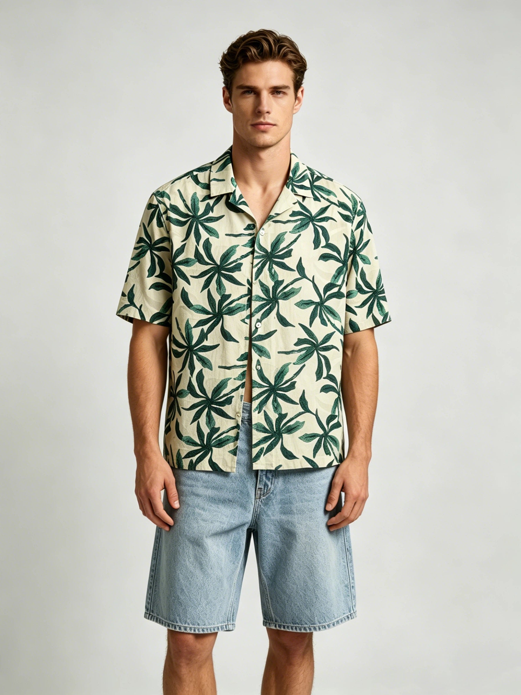 Men's Short Sleeve Cuban Collar Button-Up Shirt with All-Over Tropical Leaf Pattern - Beige and Green
