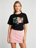 Women Short Sleeve Crewneck T-Shirt in Black with Character Portrait Graphic - Cotton Blend