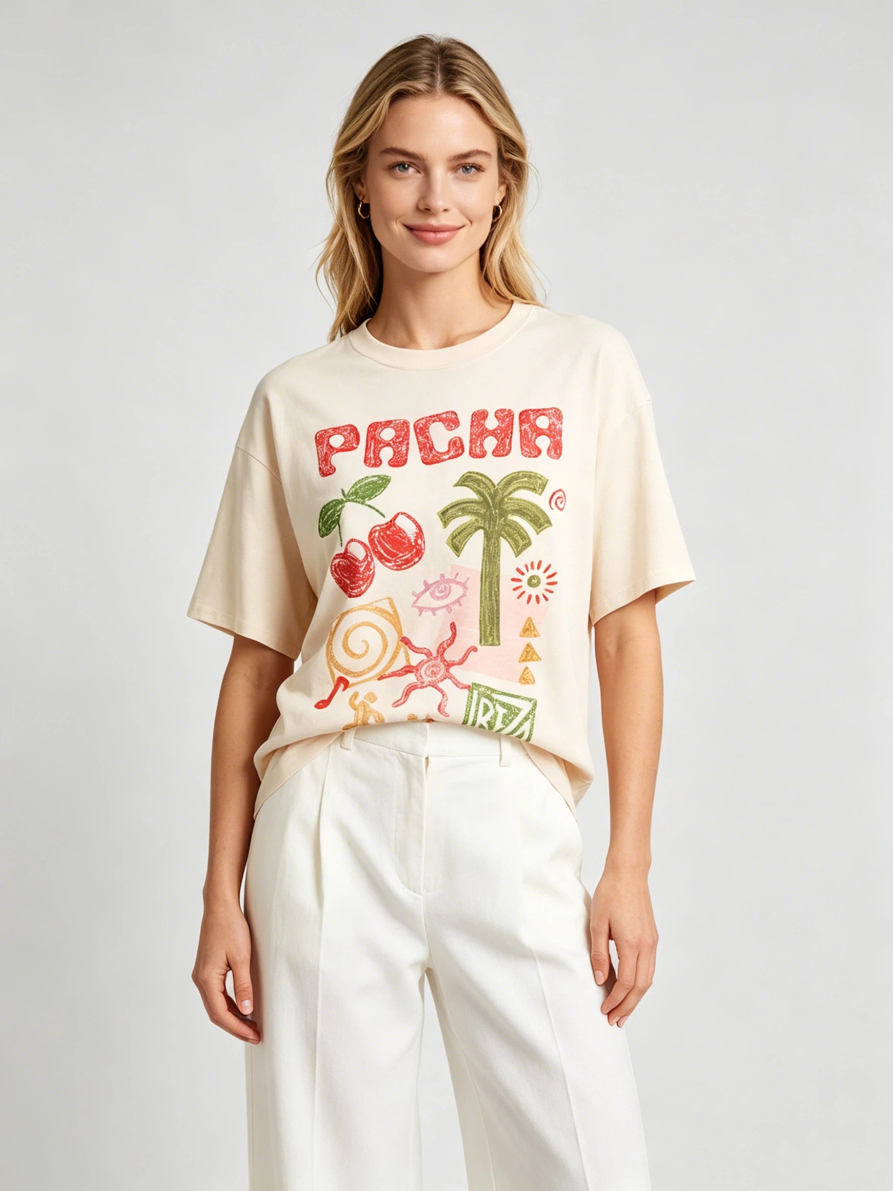 Women Short Sleeve Crewneck T-Shirt in Beige with Retro Crayon Doodle Graphic - Cotton Blend