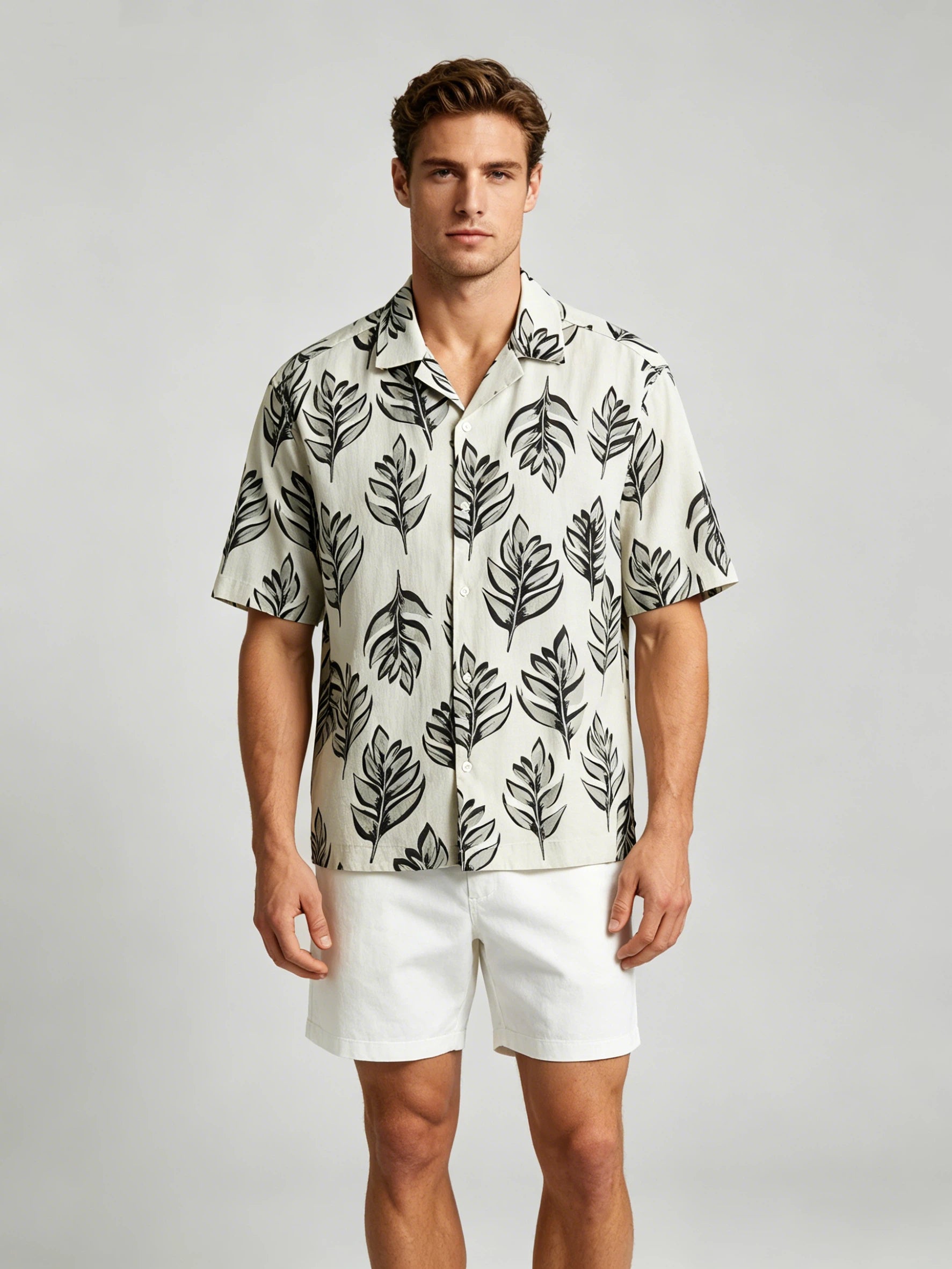 Men's Short Sleeve Cuban Collar Button-Up Shirt with All-Over Leaf Pattern - Off-White