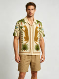 Men's Short Sleeve Cuban Collar Button-Up Shirt with Symmetrical Leopard Print - Yellow-Beige