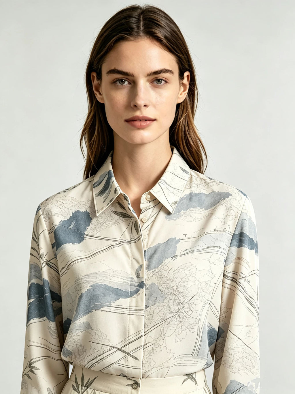 I Heato Women Ink Blue Abstract Landscape Blouse Classic Collar Cream Long Sleeve Shirt