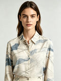 I Heato Women Ink Blue Abstract Landscape Blouse Classic Collar Cream Long Sleeve Shirt