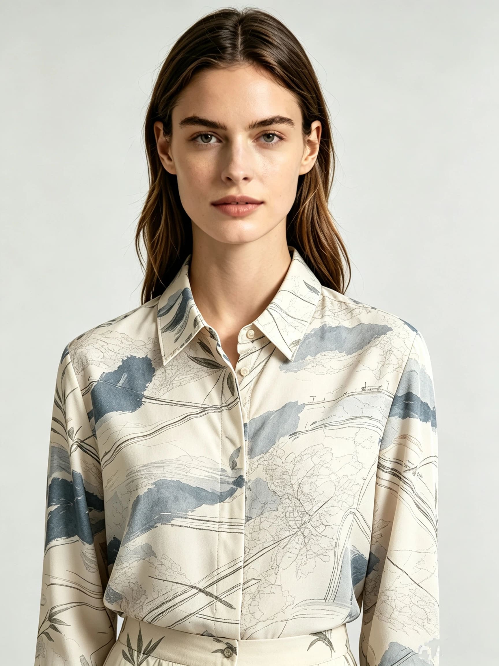 I Heato Women Ink Blue Abstract Landscape Blouse Classic Collar Cream Long Sleeve Shirt