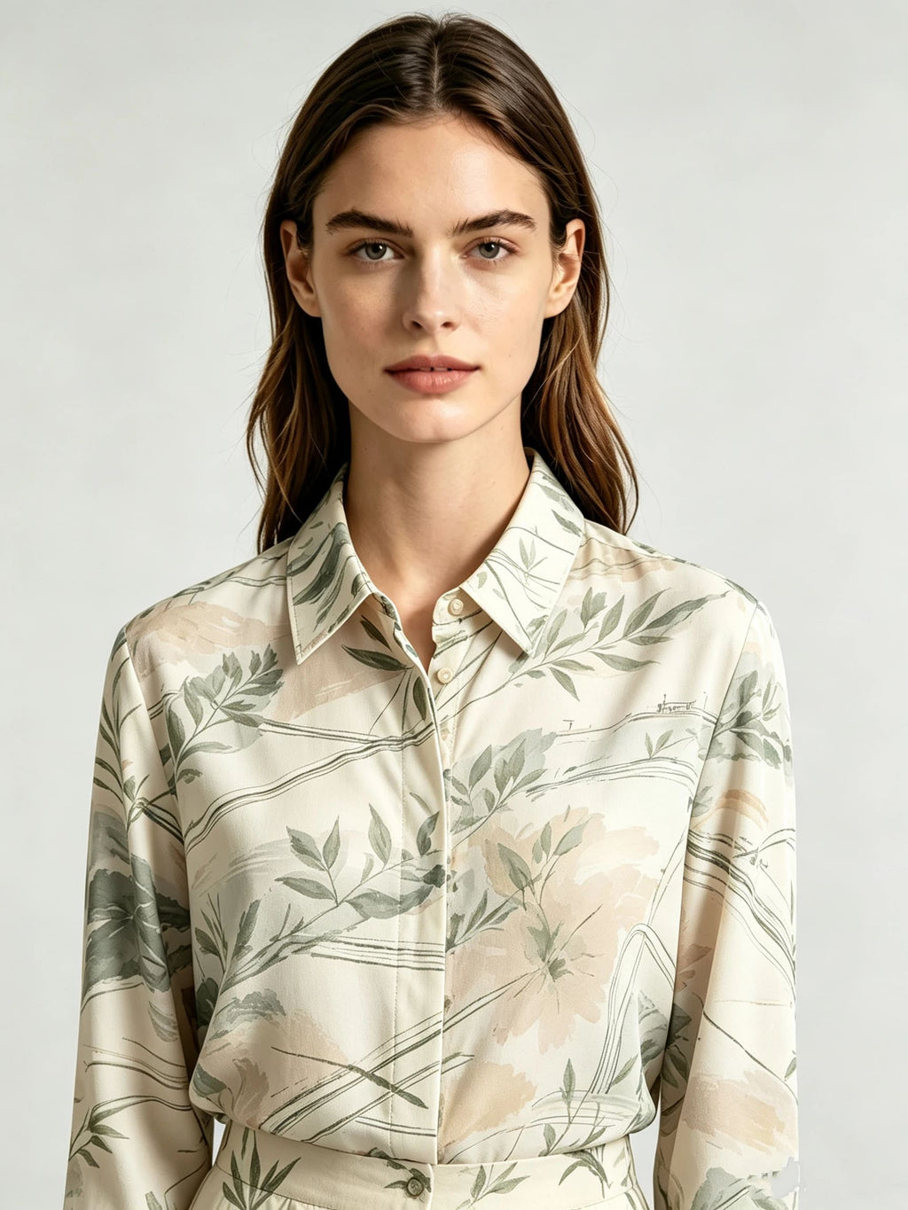 I Heato Women Sage Green Olive Leaf Printed Blouse Classic Cream Long Sleeve Shirt
