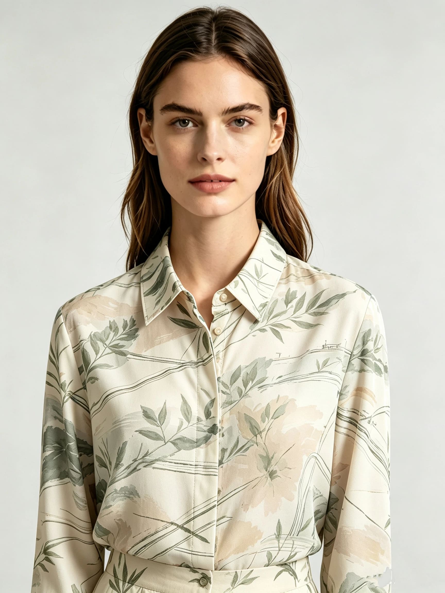 I Heato Women Sage Green Olive Leaf Printed Blouse Classic Cream Long Sleeve Shirt