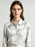 I Heato Women Mist Blue Watercolor Blouse Classic Collar Cream Long Sleeve Shirt