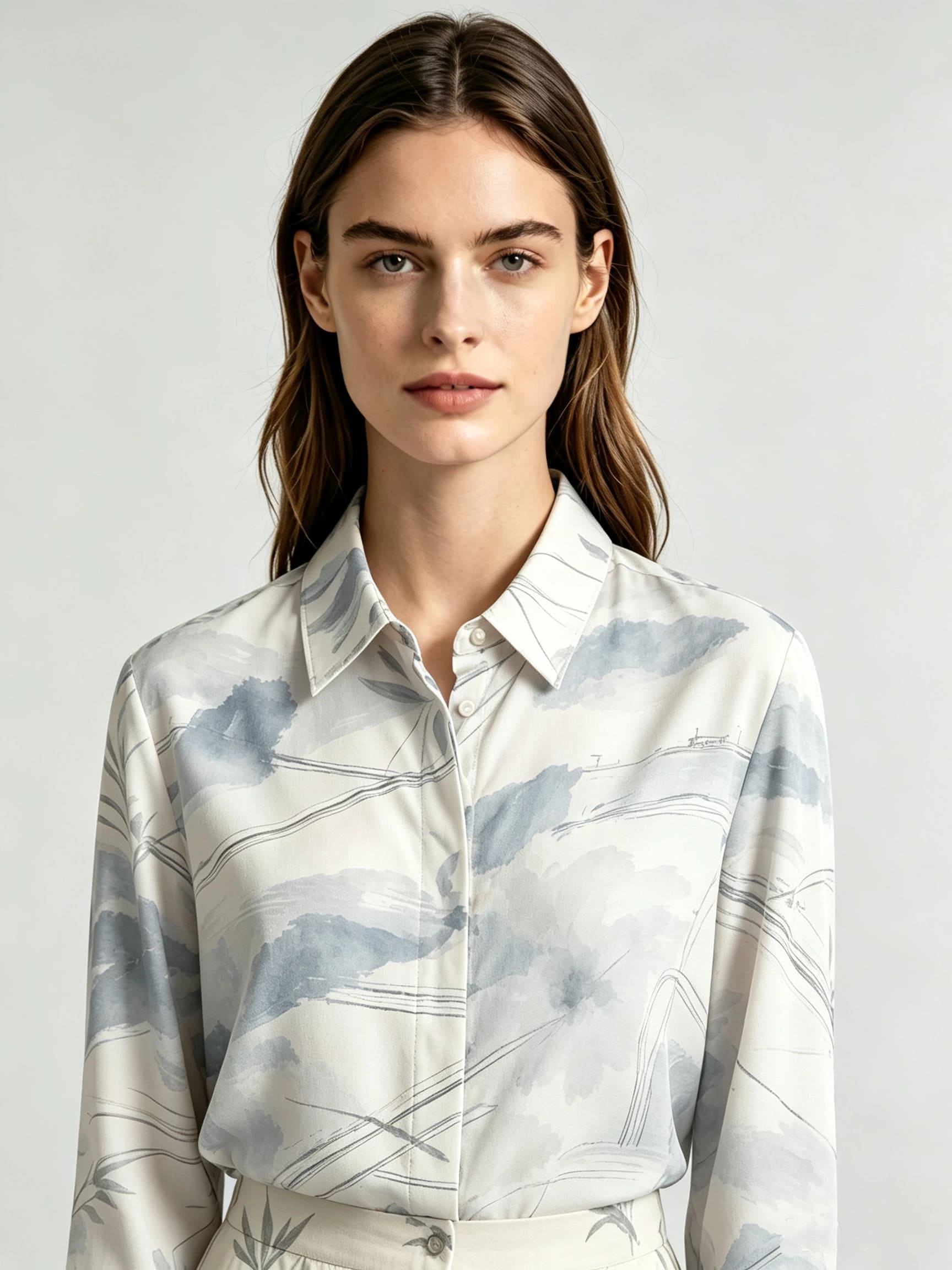 I Heato Women Mist Blue Watercolor Blouse Classic Collar Cream Long Sleeve Shirt