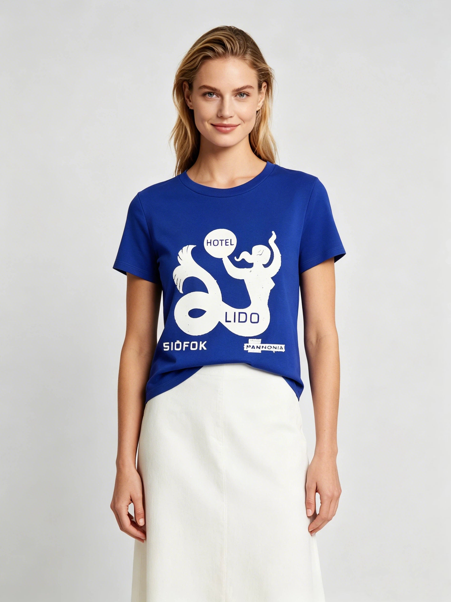 Women Short Sleeve Crewneck T-Shirt in Cobalt Blue with Retro Coastal Graphic - Cotton Blend