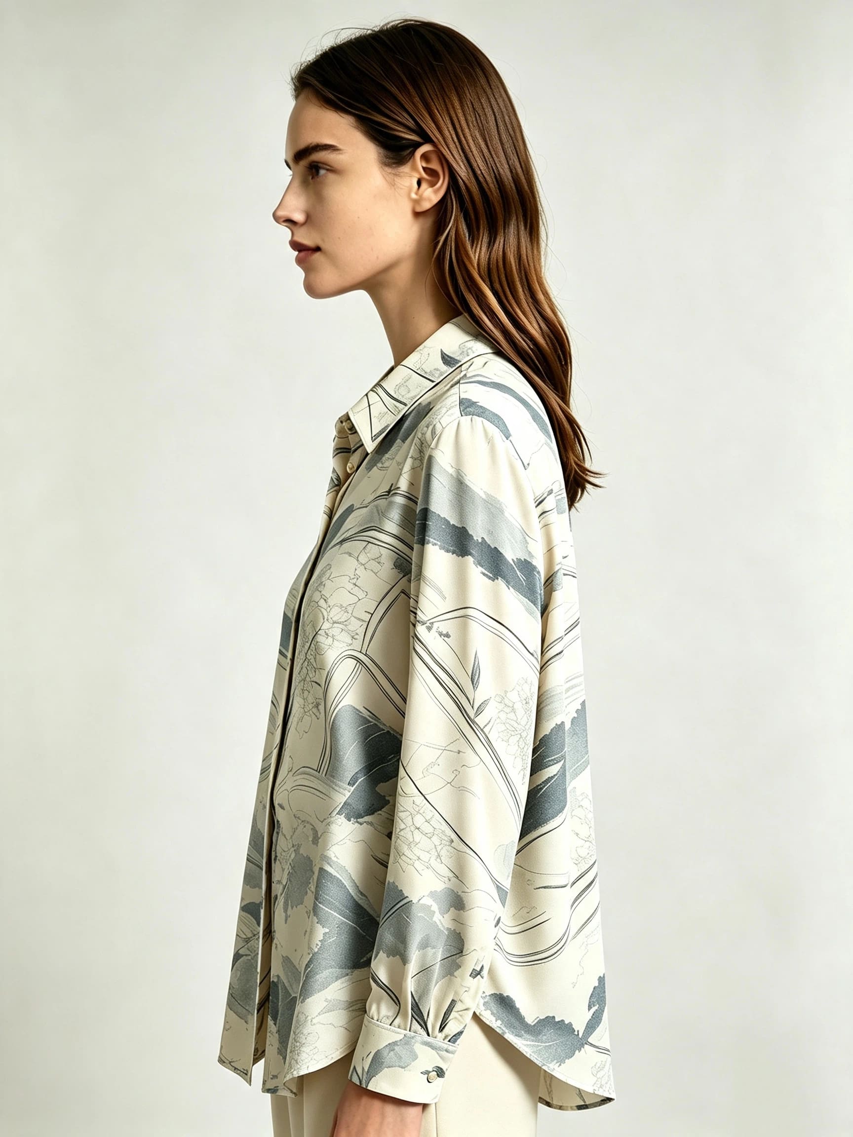I Heato Women Ink Blue Abstract Landscape Blouse Classic Collar Cream Long Sleeve Shirt