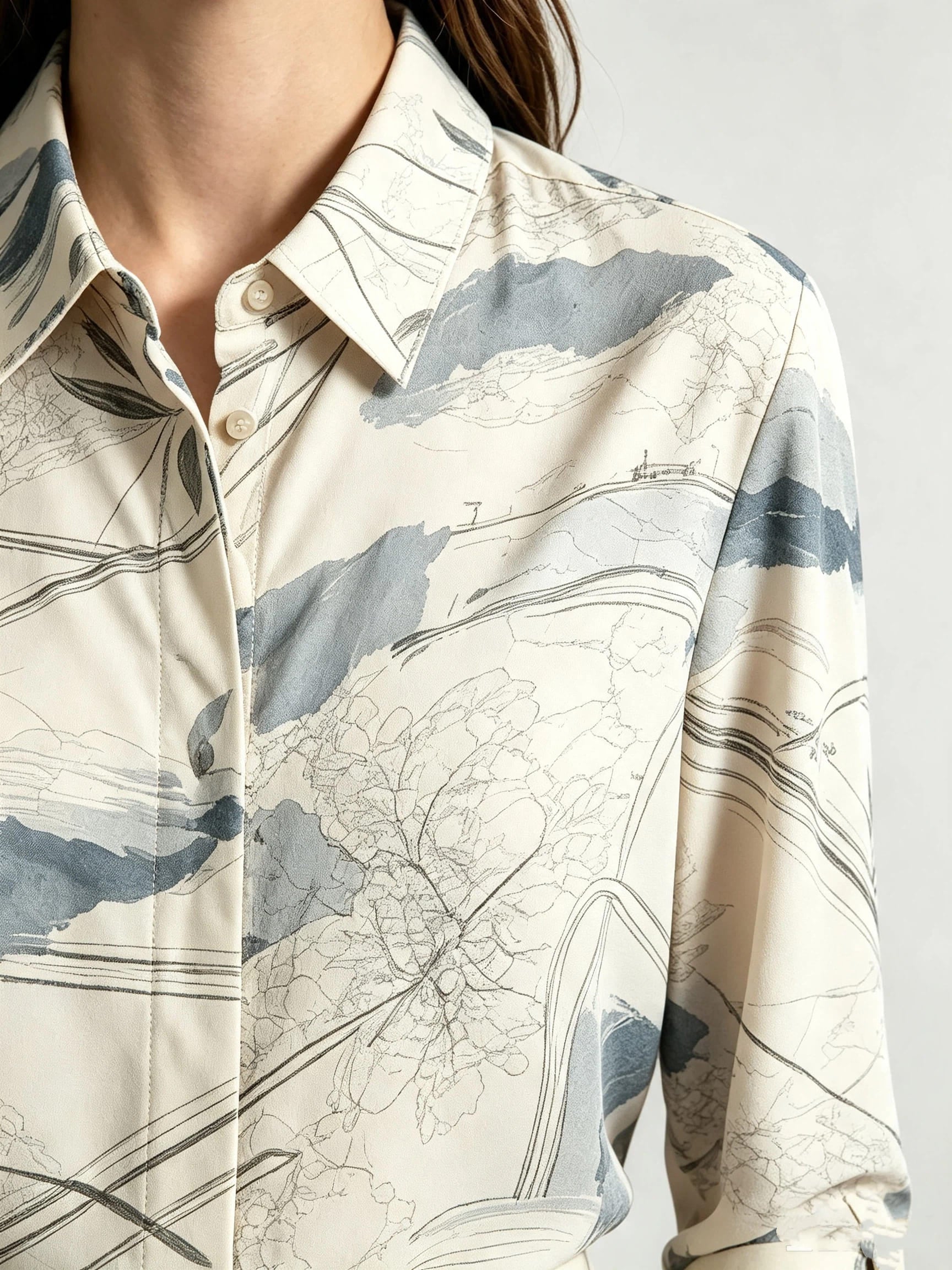 I Heato Women Ink Blue Abstract Landscape Blouse Classic Collar Cream Long Sleeve Shirt
