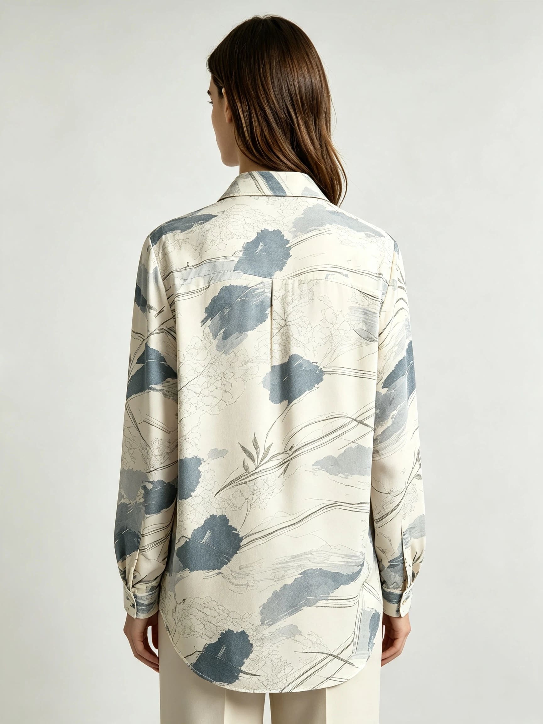 I Heato Women Ink Blue Abstract Landscape Blouse Classic Collar Cream Long Sleeve Shirt