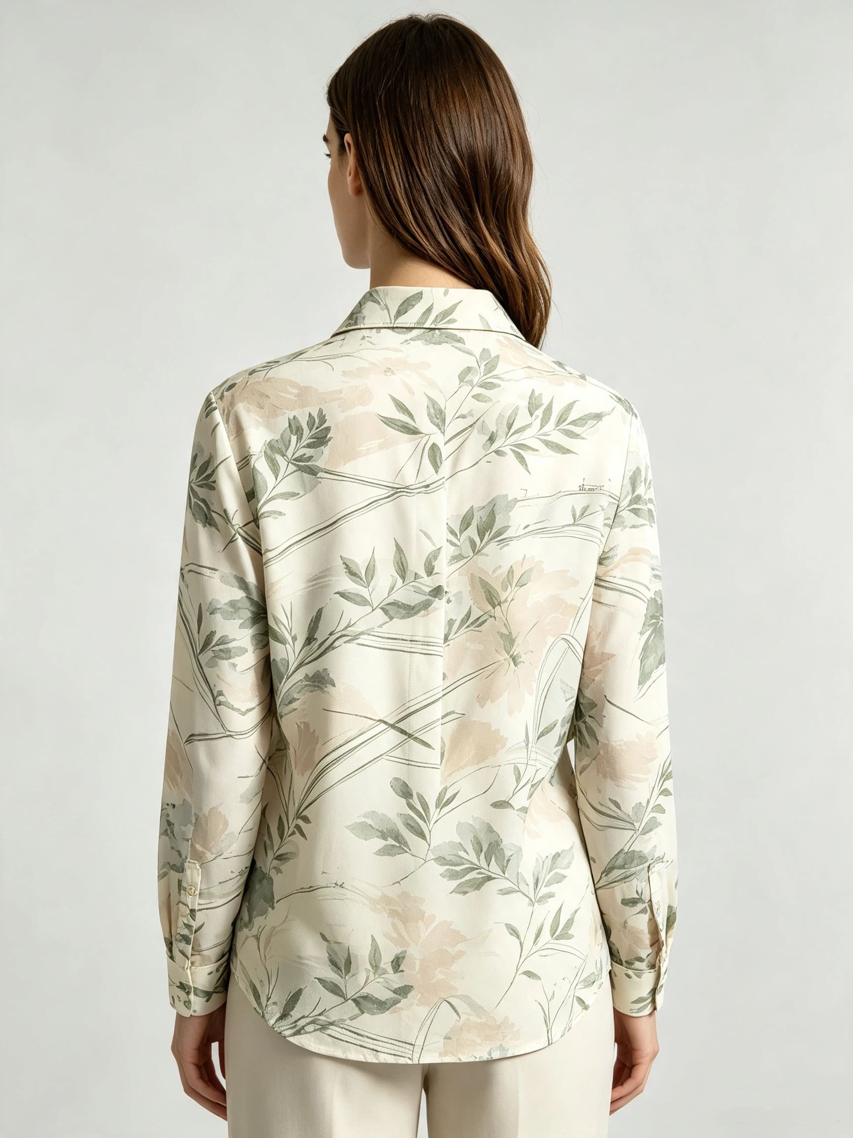 I Heato Women Sage Green Olive Leaf Printed Blouse Classic Cream Long Sleeve Shirt