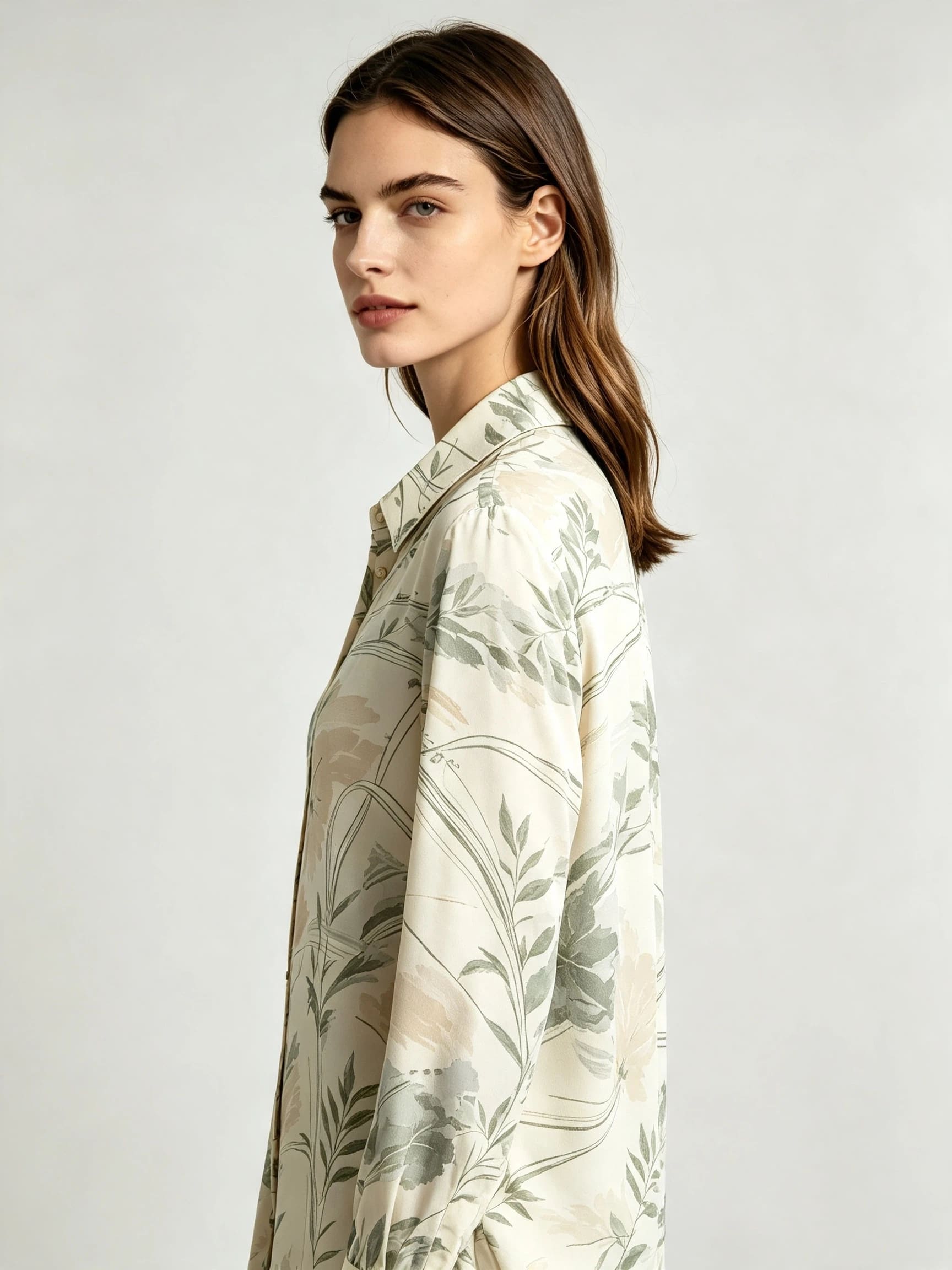 I Heato Women Sage Green Olive Leaf Printed Blouse Classic Cream Long Sleeve Shirt