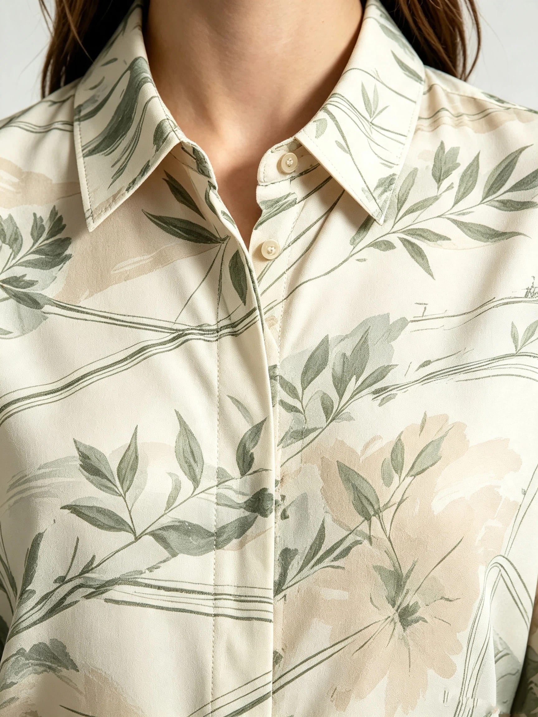 I Heato Women Sage Green Olive Leaf Printed Blouse Classic Cream Long Sleeve Shirt
