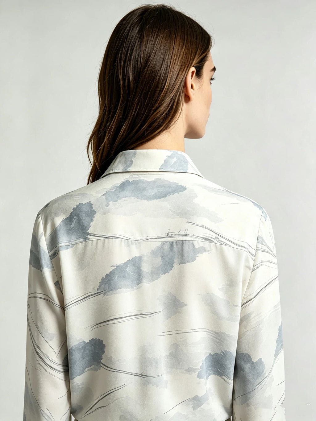 I Heato Women Mist Blue Watercolor Blouse Classic Collar Cream Long Sleeve Shirt