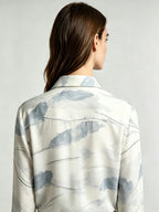I Heato Women Mist Blue Watercolor Blouse Classic Collar Cream Long Sleeve Shirt