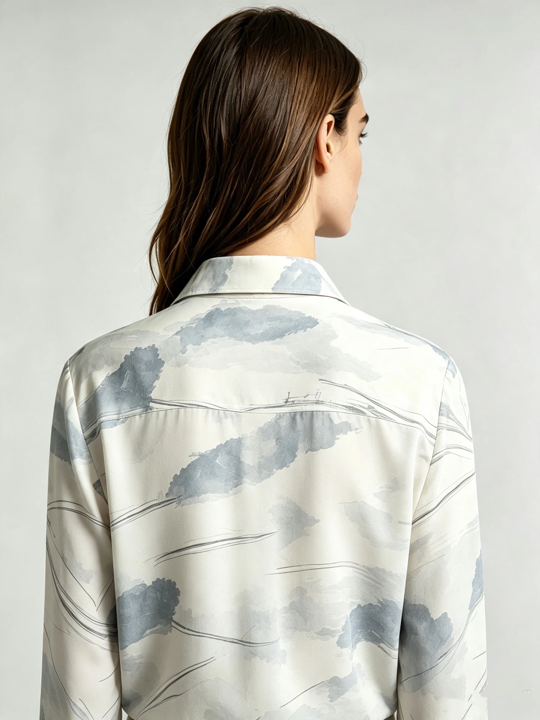 I Heato Women Mist Blue Watercolor Blouse Classic Collar Cream Long Sleeve Shirt