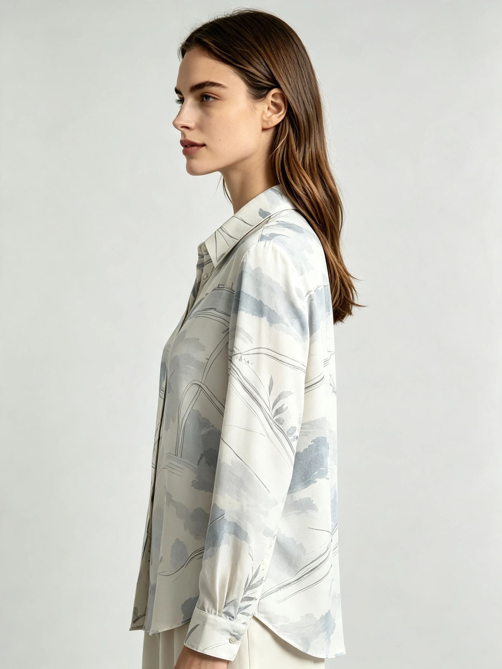 I Heato Women Mist Blue Watercolor Blouse Classic Collar Cream Long Sleeve Shirt