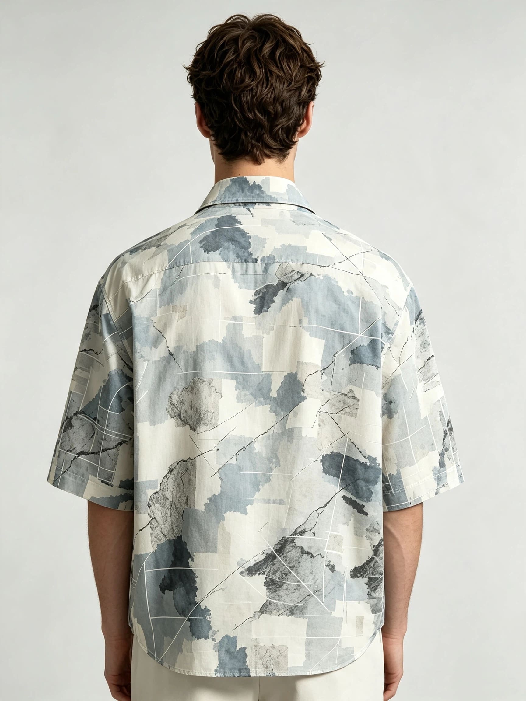 I Heato Men Short Sleeve Shirt Geometric Marble Print Grey Blue Summer Blouse