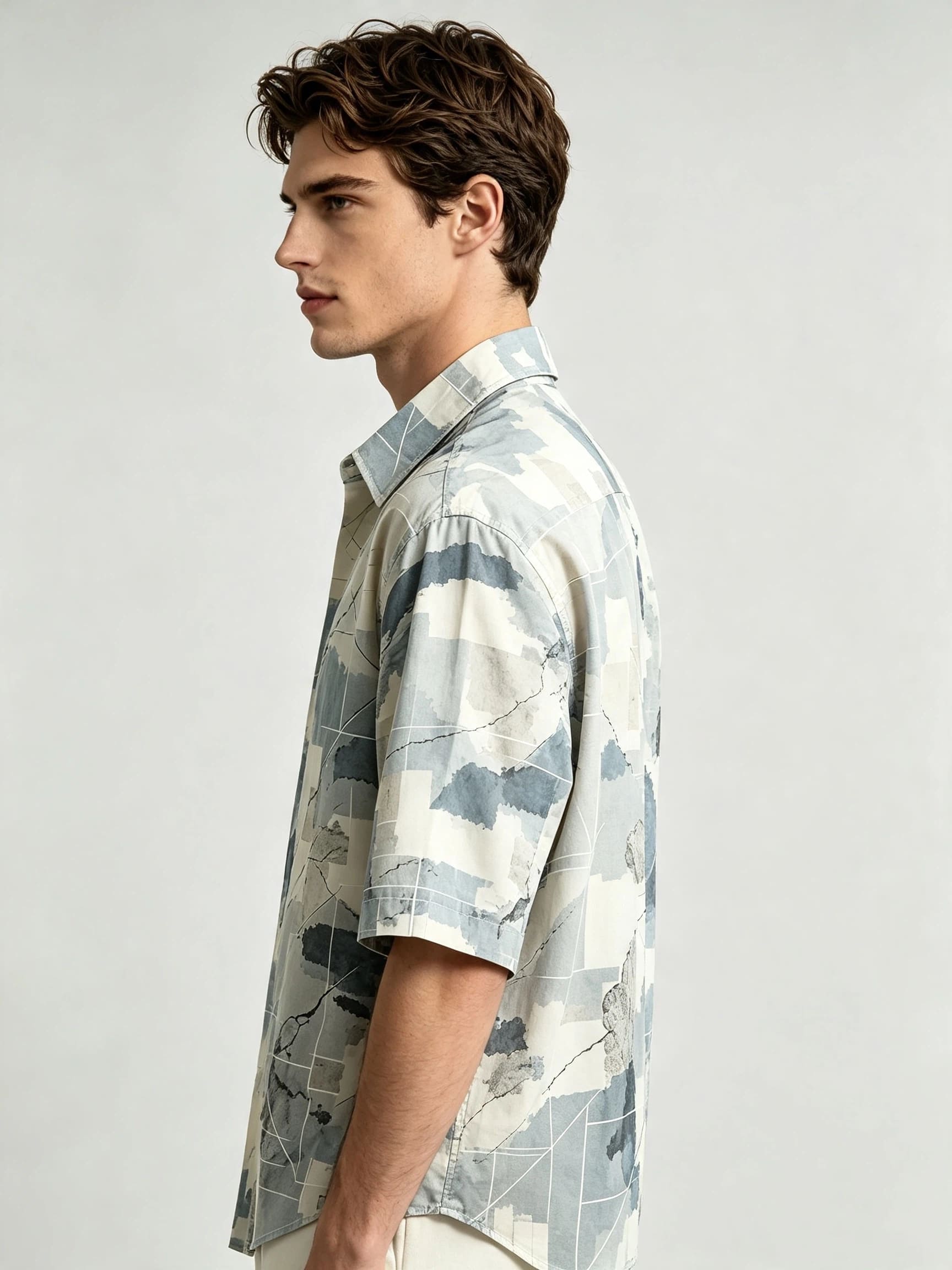 I Heato Men Short Sleeve Shirt Geometric Marble Print Grey Blue Summer Blouse