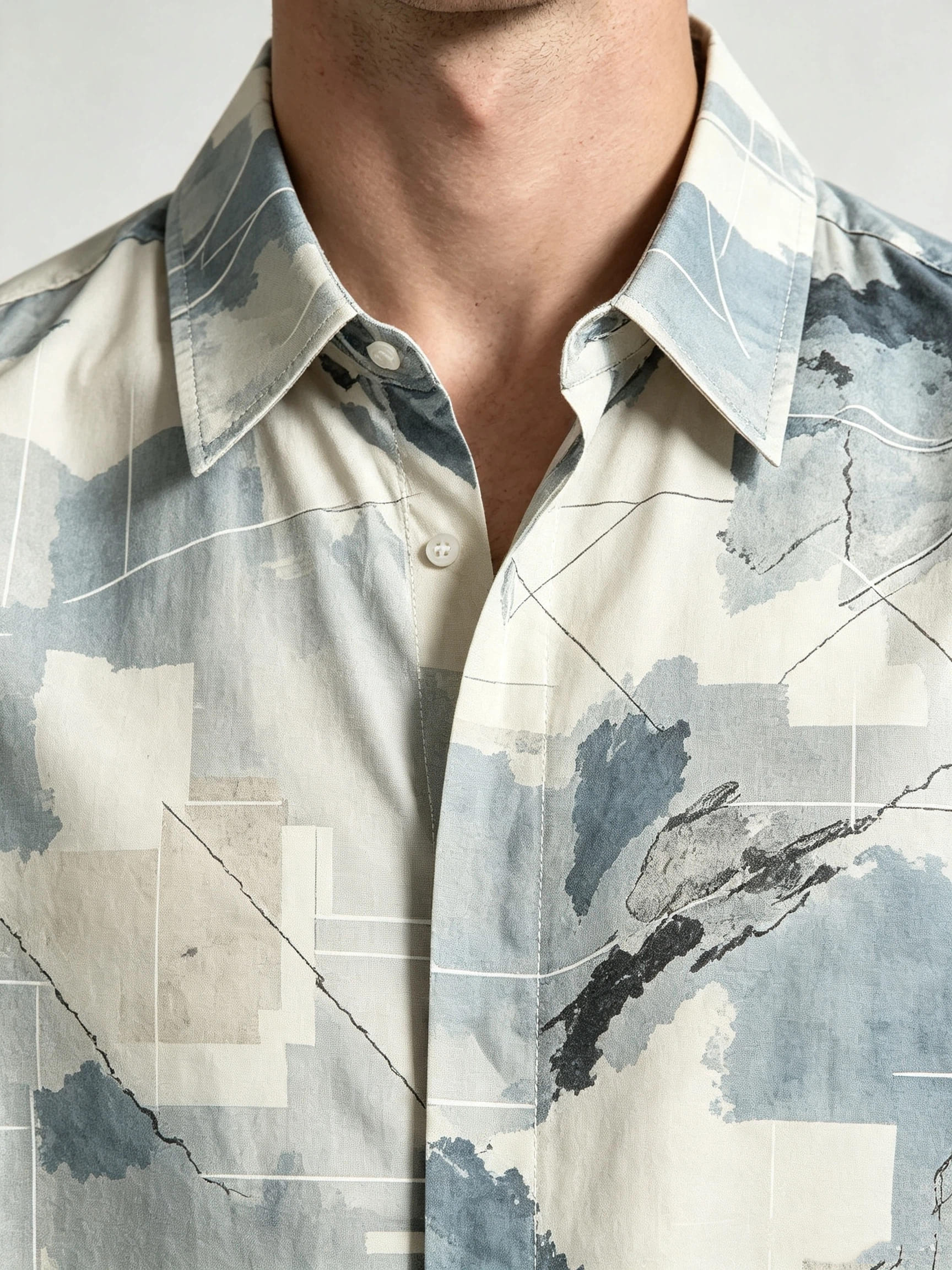 I Heato Men Short Sleeve Shirt Geometric Marble Print Grey Blue Summer Blouse