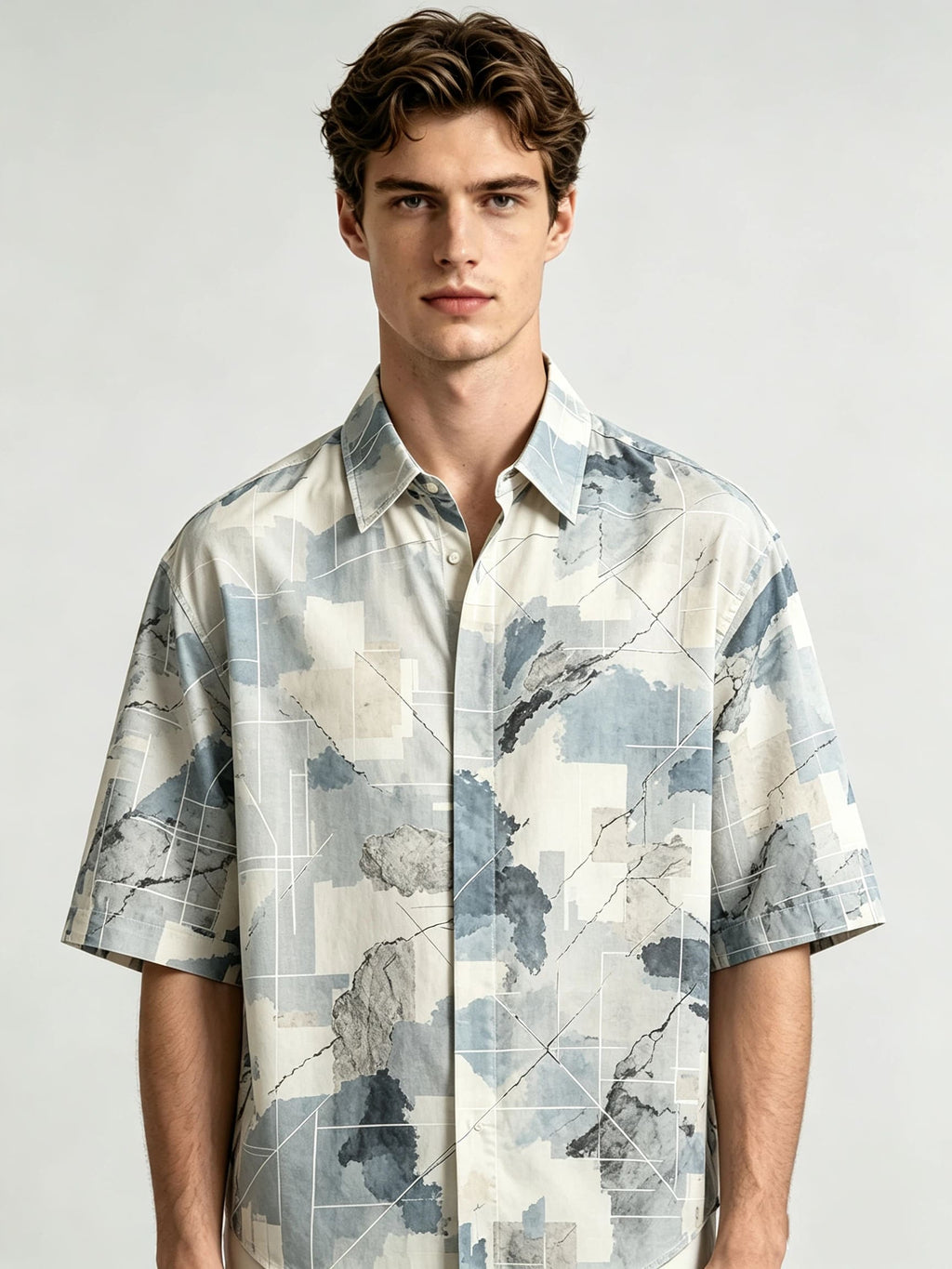 I Heato Men Short Sleeve Shirt Geometric Marble Print Grey Blue Summer Blouse