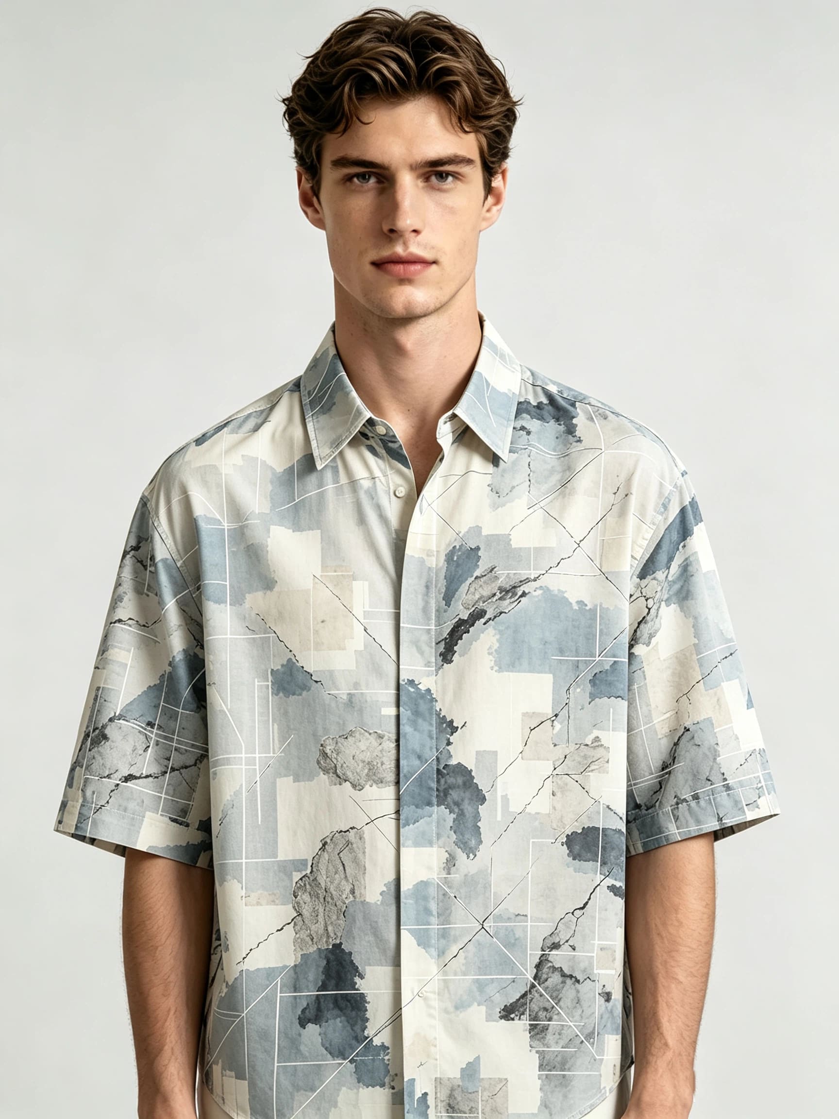 I Heato Men Short Sleeve Shirt Geometric Marble Print Grey Blue Summer Blouse