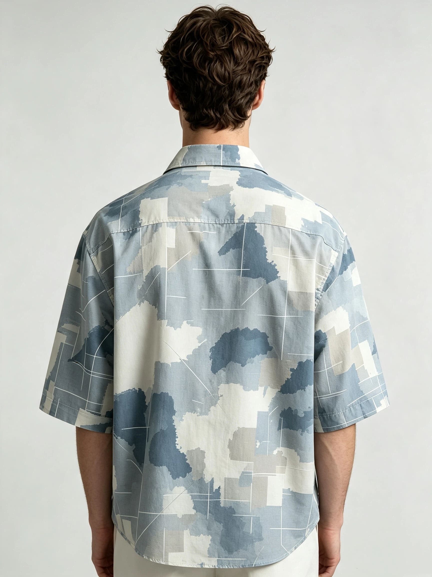 I Heato Men Short Sleeve Shirt Deep Denim Blue Patchwork Print Summer Blouse