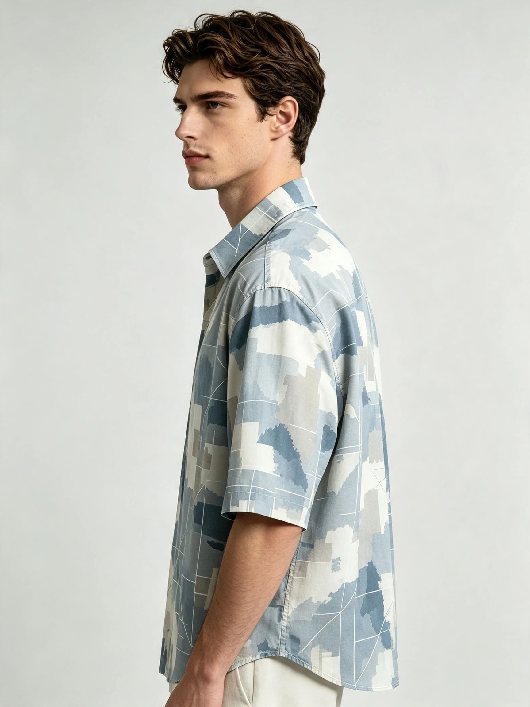 I Heato Men Short Sleeve Shirt Deep Denim Blue Patchwork Print Summer Blouse