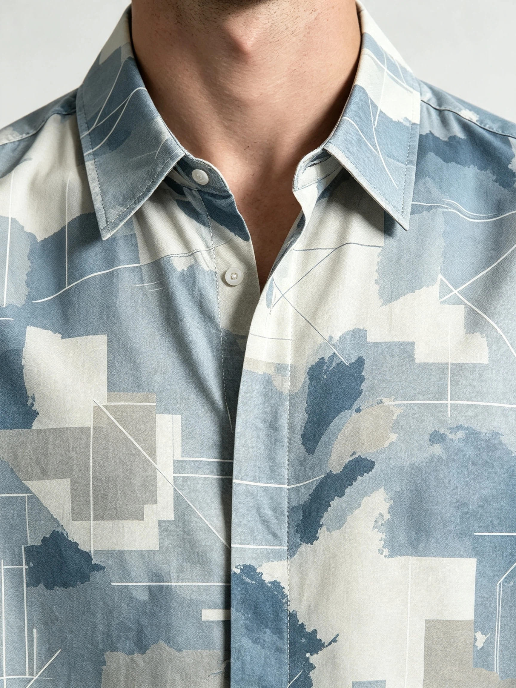 I Heato Men Short Sleeve Shirt Deep Denim Blue Patchwork Print Summer Blouse