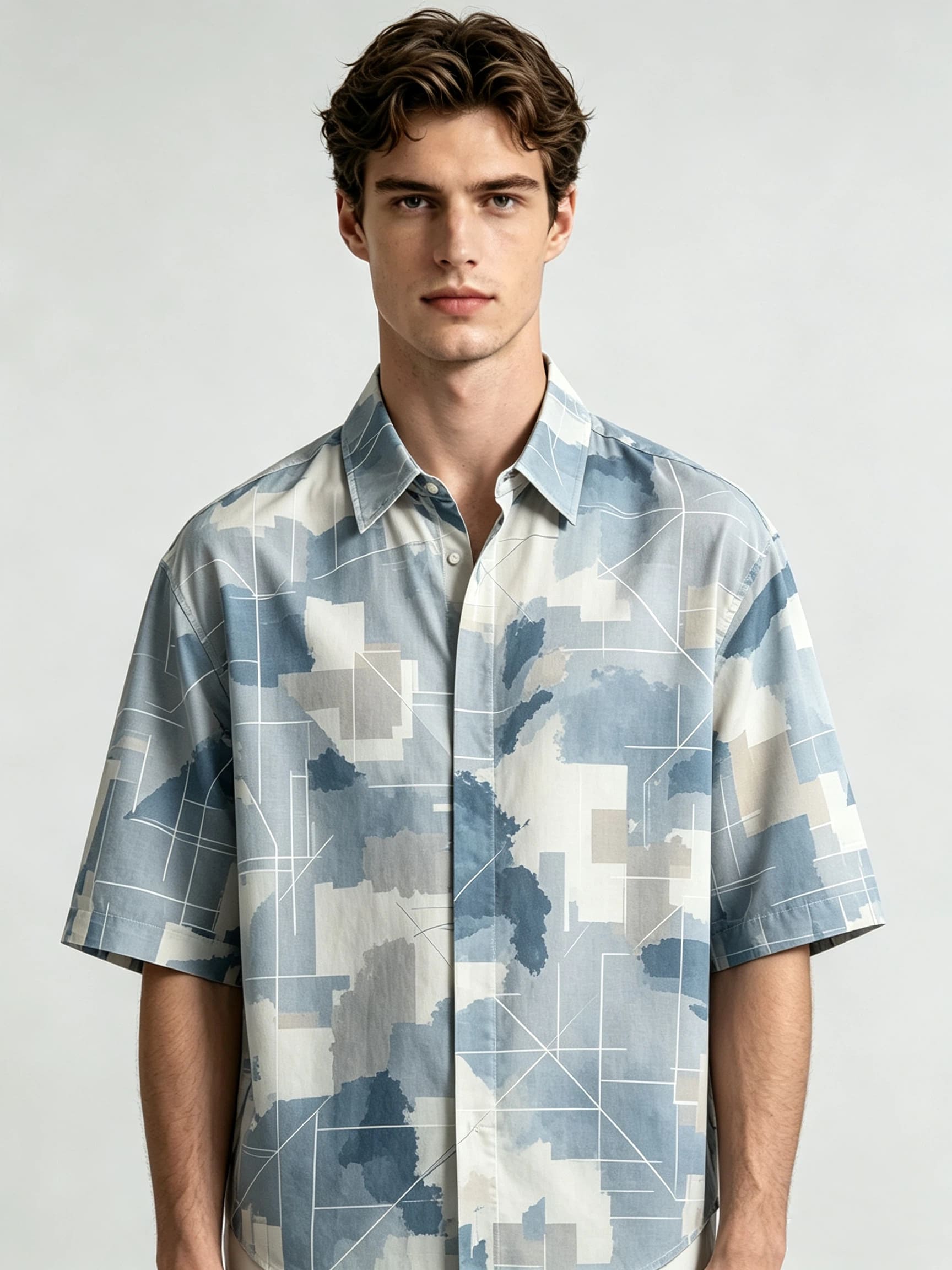 I Heato Men Short Sleeve Shirt Deep Denim Blue Patchwork Print Summer Blouse