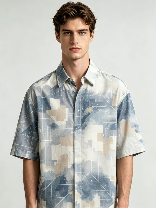 I Heato Men Short Sleeve Shirt Geometric Mist Star Speckled Print Summer Blouse