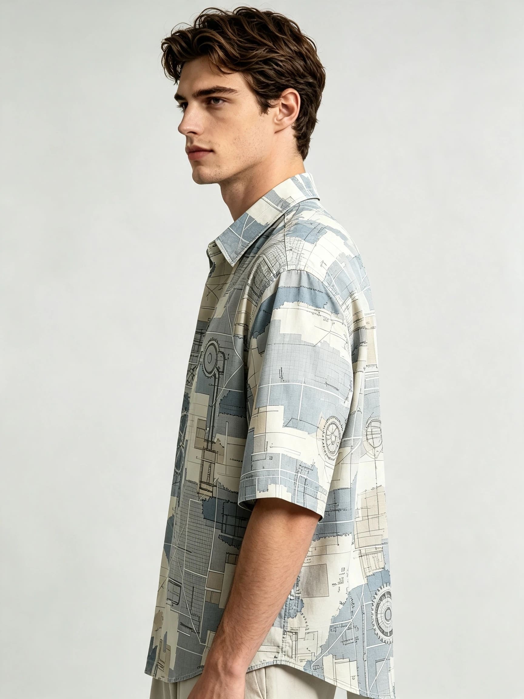 I Heato Men Short Sleeve Shirt Industrial Gear Mechanical Print Summer Blouse