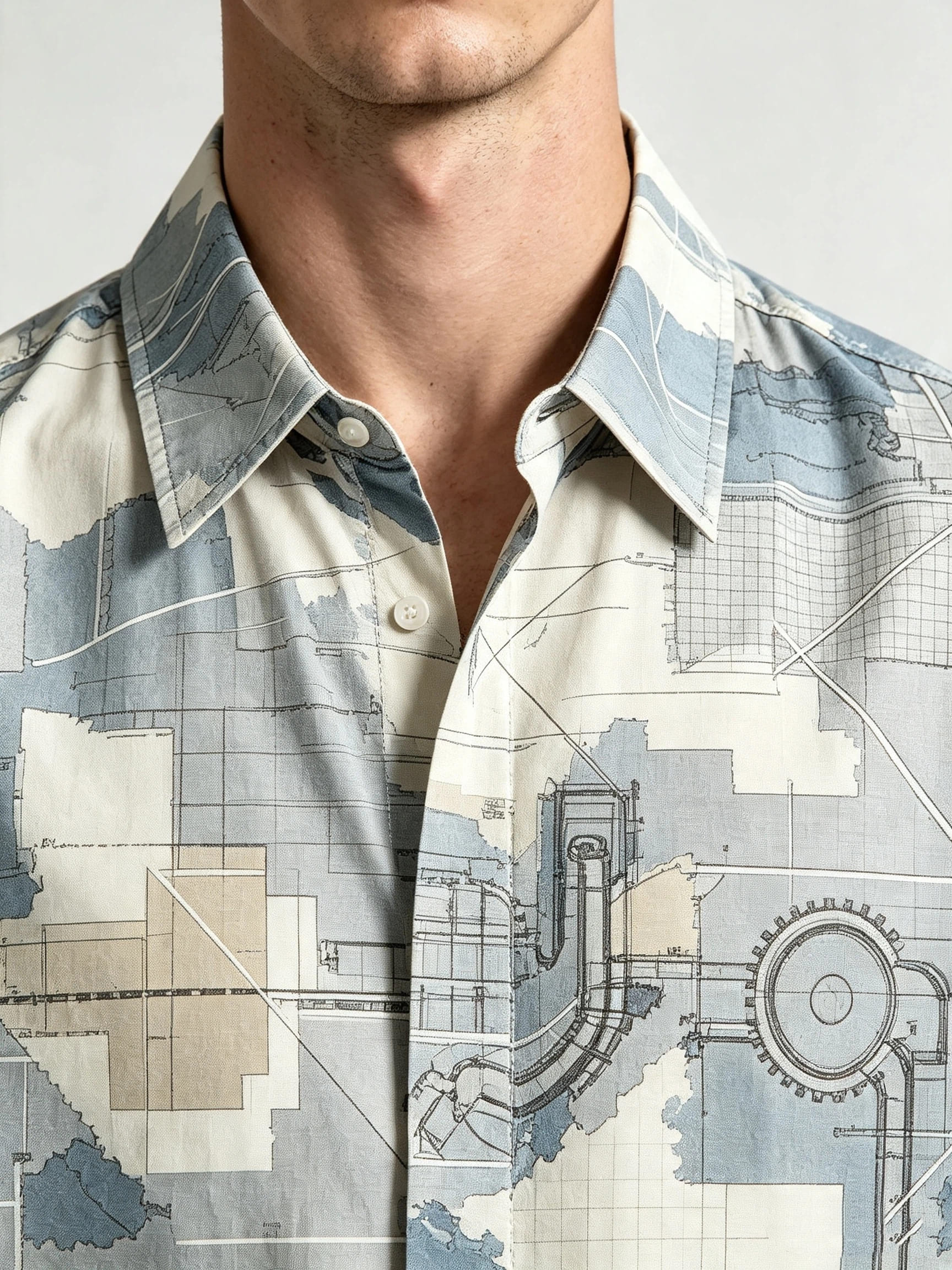 I Heato Men Short Sleeve Shirt Industrial Gear Mechanical Print Summer Blouse