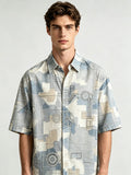 I Heato Men Short Sleeve Shirt Industrial Gear Mechanical Print Summer Blouse