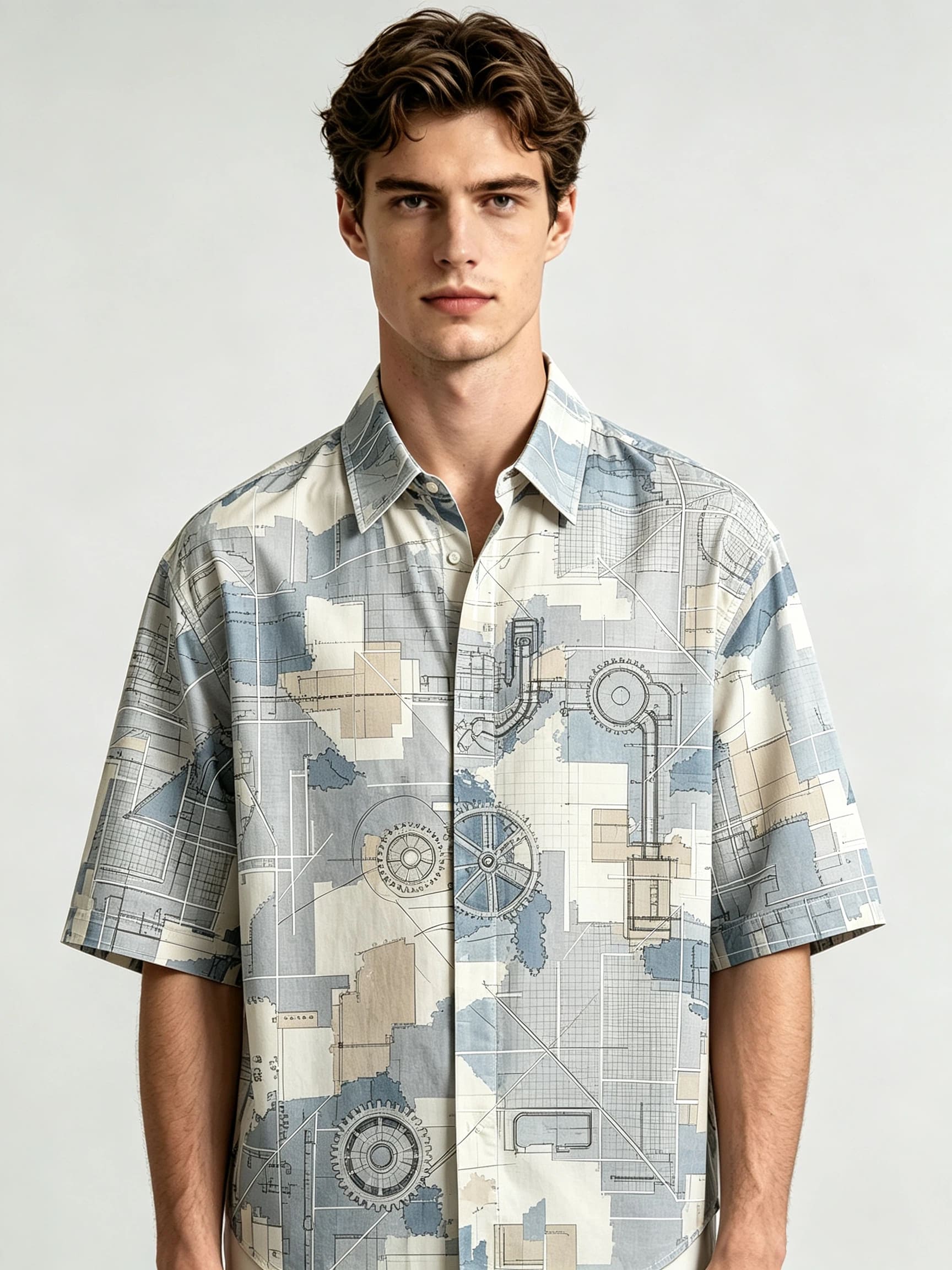 I Heato Men Short Sleeve Shirt Industrial Gear Mechanical Print Summer Blouse
