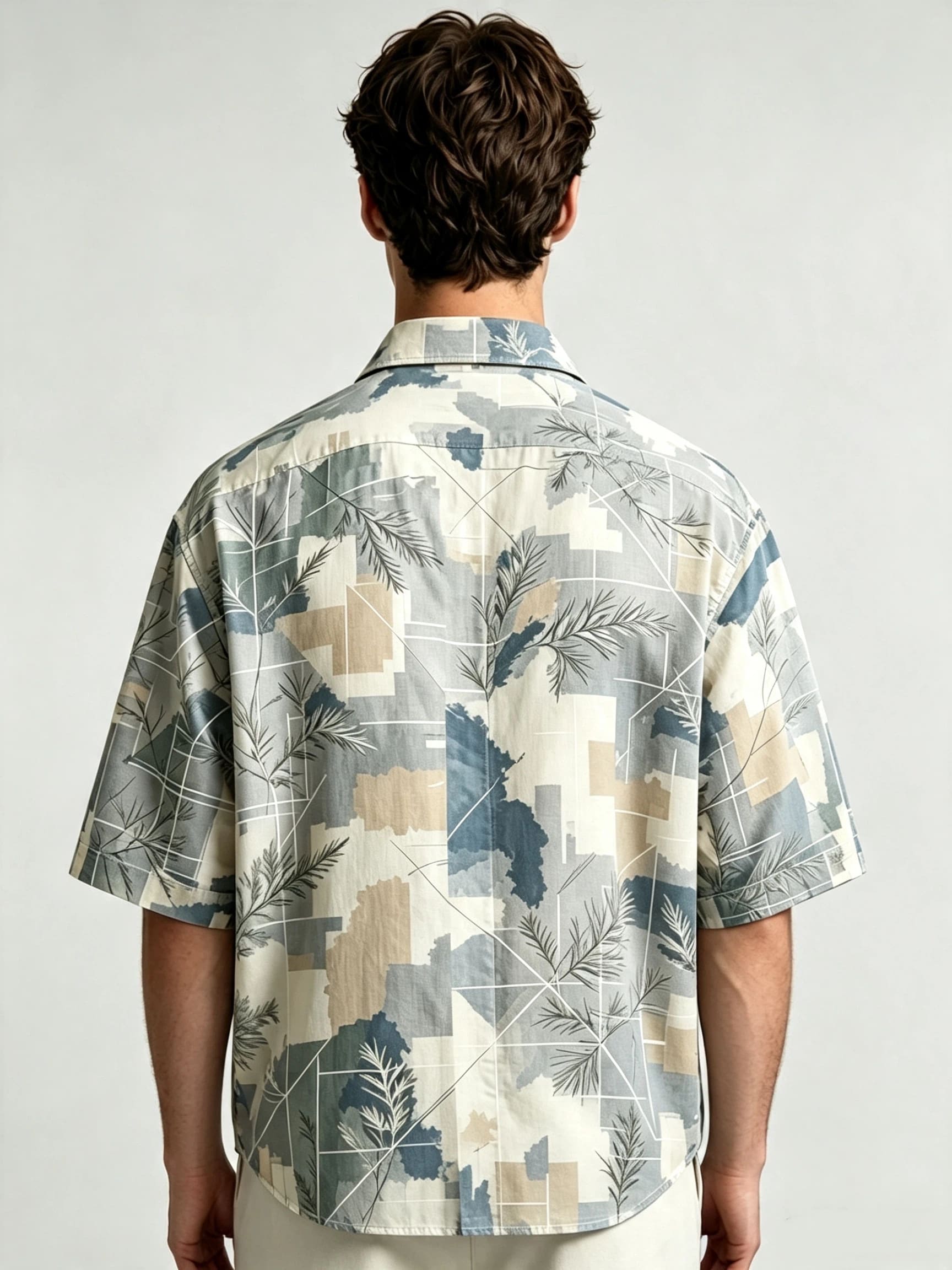 I Heato Men Short Sleeve Shirt Pine Needle Botanical Print Summer Cream Blouse
