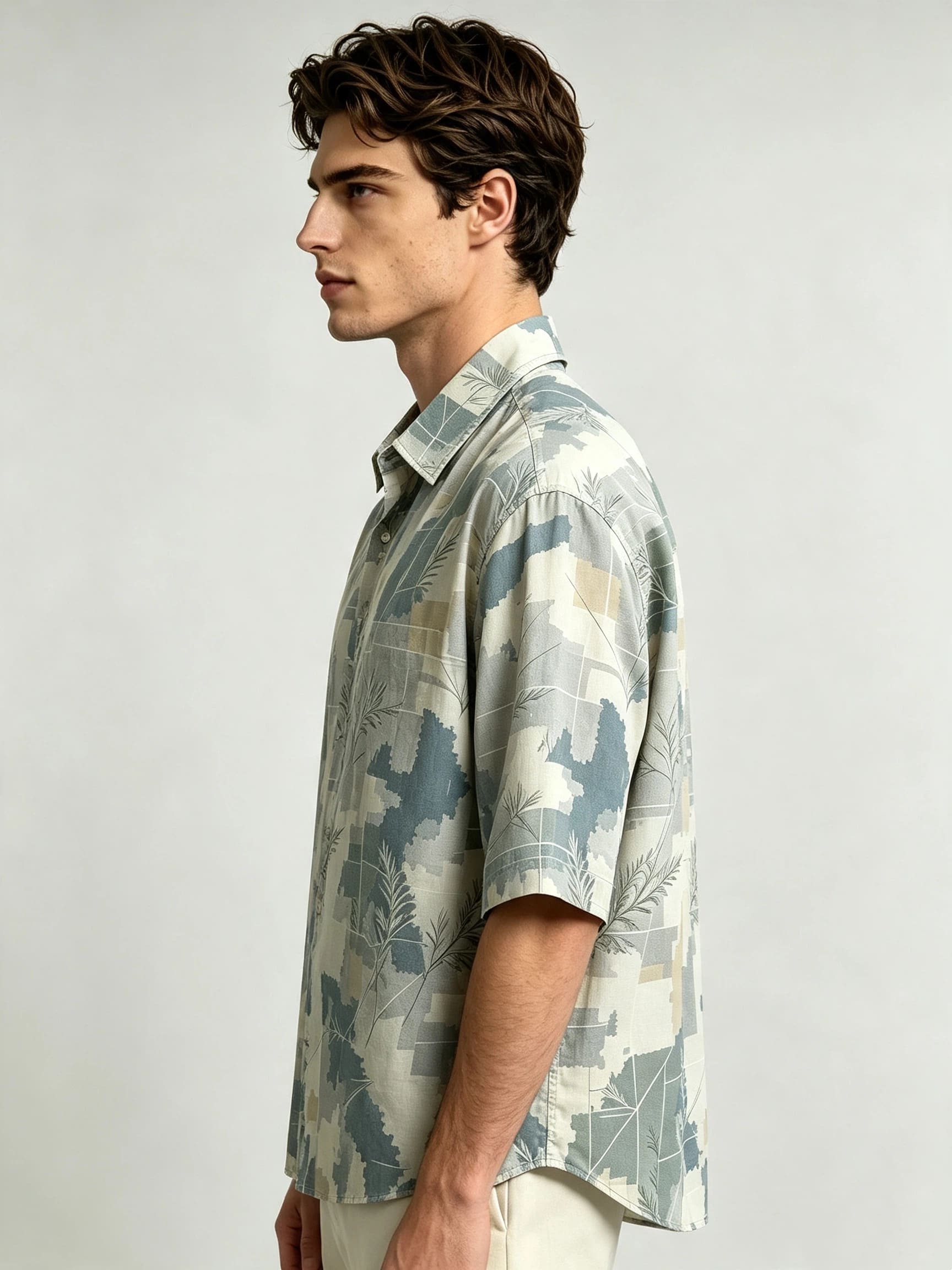 I Heato Men Short Sleeve Shirt Pine Needle Botanical Print Summer Cream Blouse