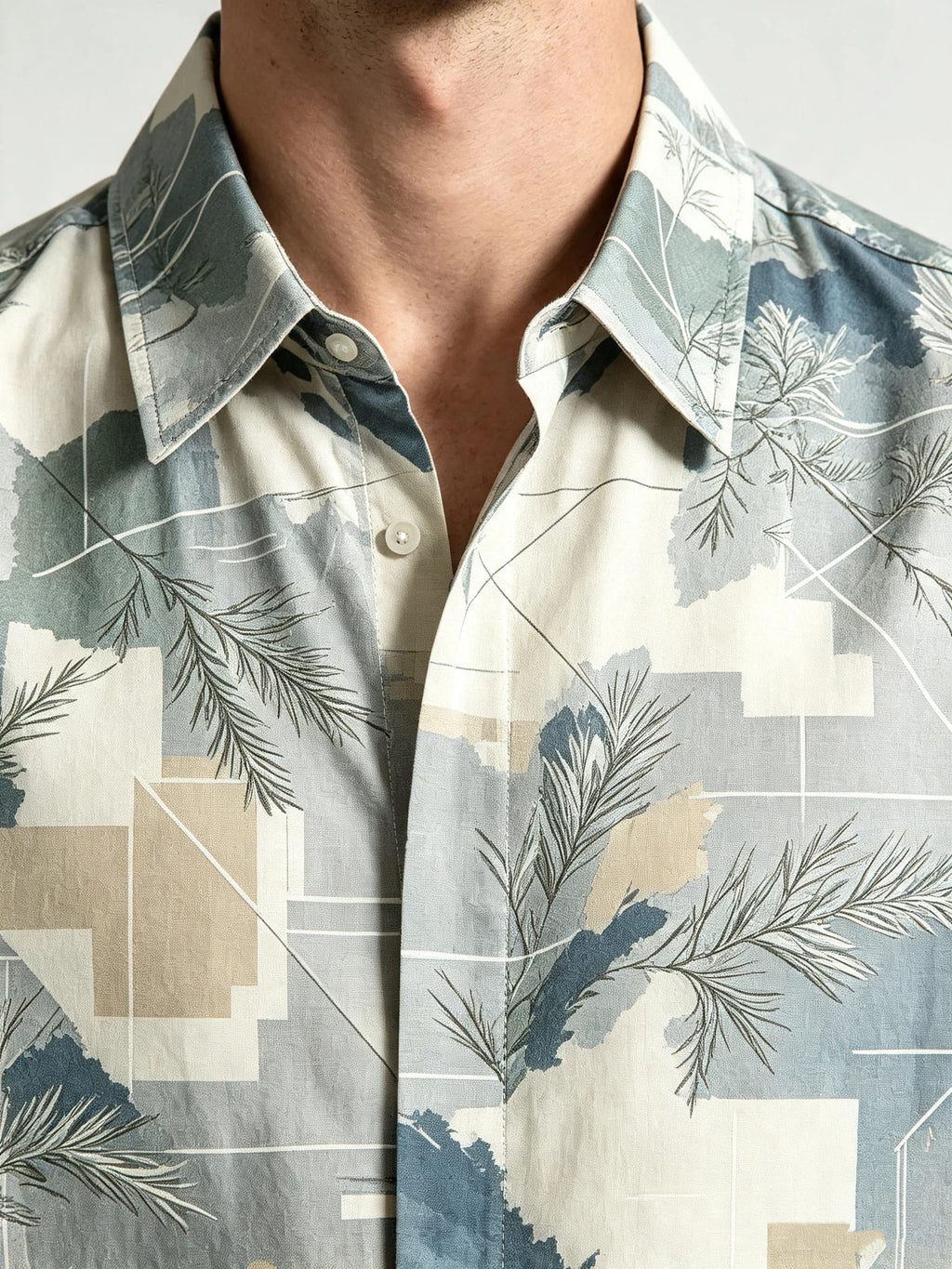 I Heato Men Short Sleeve Shirt Pine Needle Botanical Print Summer Cream Blouse