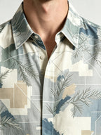 I Heato Men Short Sleeve Shirt Pine Needle Botanical Print Summer Cream Blouse