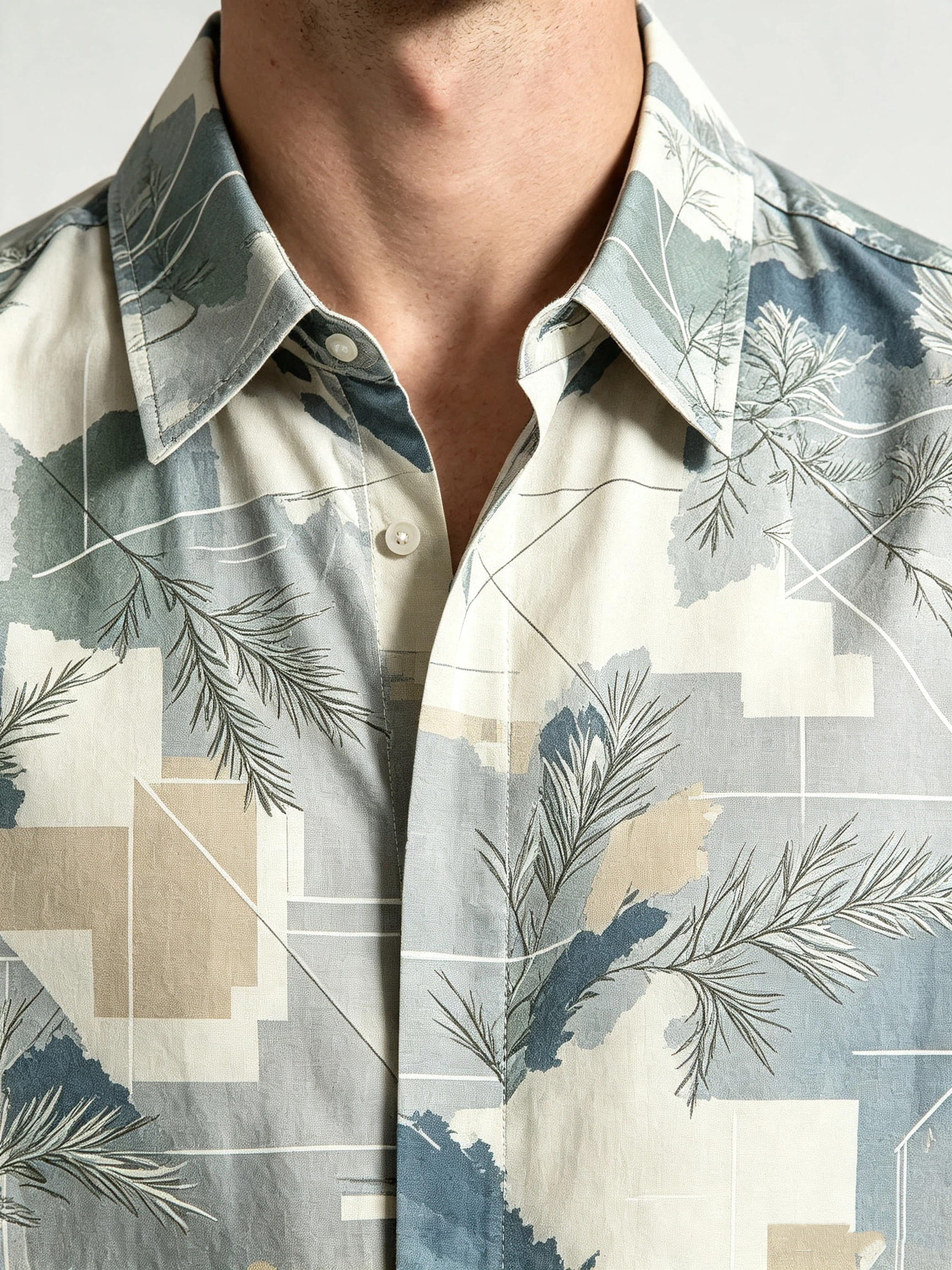 I Heato Men Short Sleeve Shirt Pine Needle Botanical Print Summer Cream Blouse