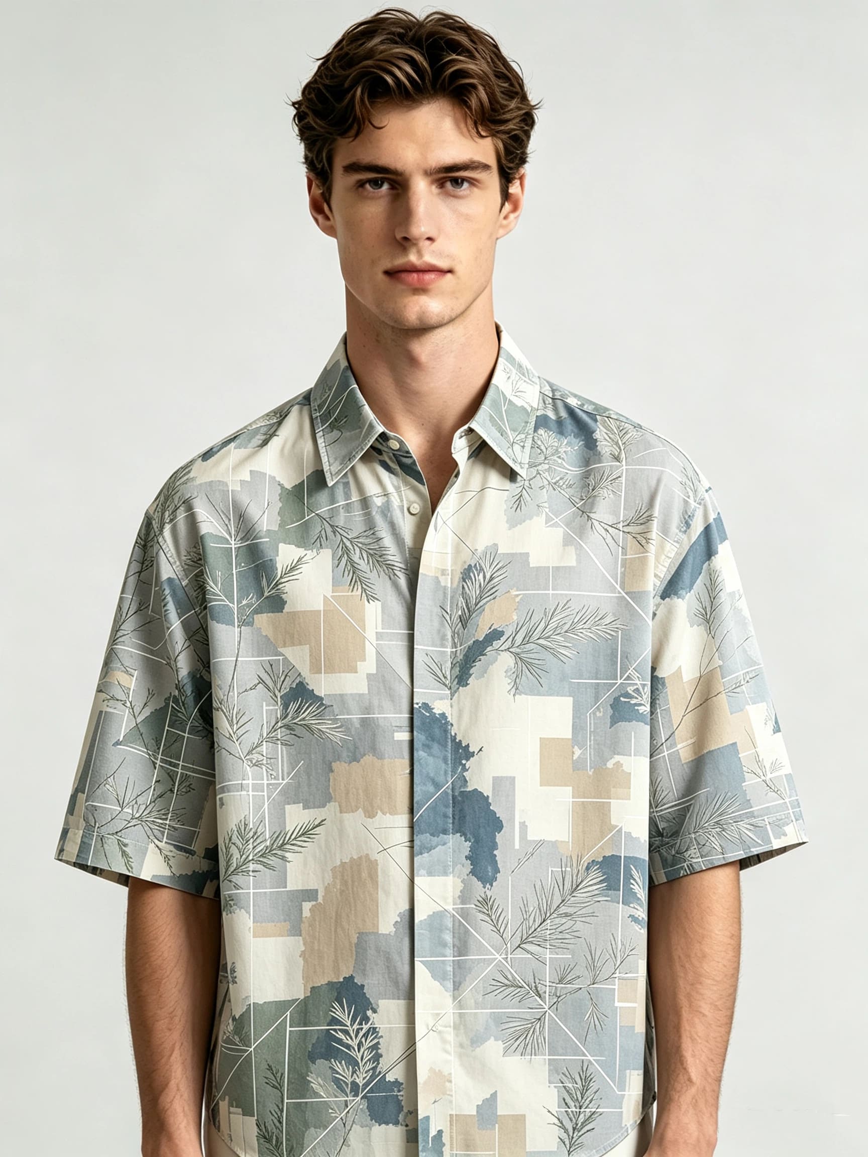 I Heato Men Short Sleeve Shirt Pine Needle Botanical Print Summer Cream Blouse