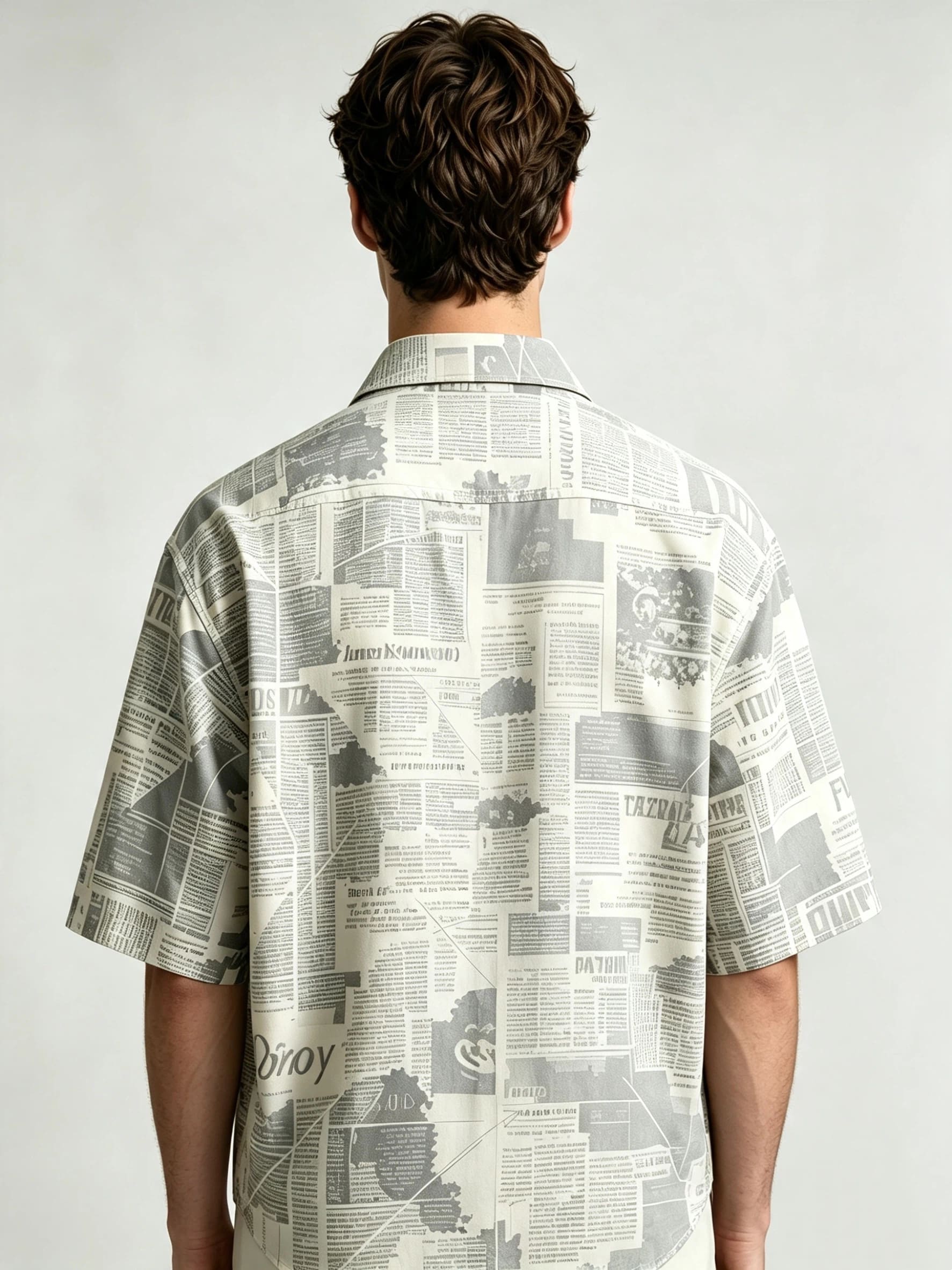 I Heato Men Short Sleeve Shirt Vintage Newspaper Print Grey Tone Summer Blouse