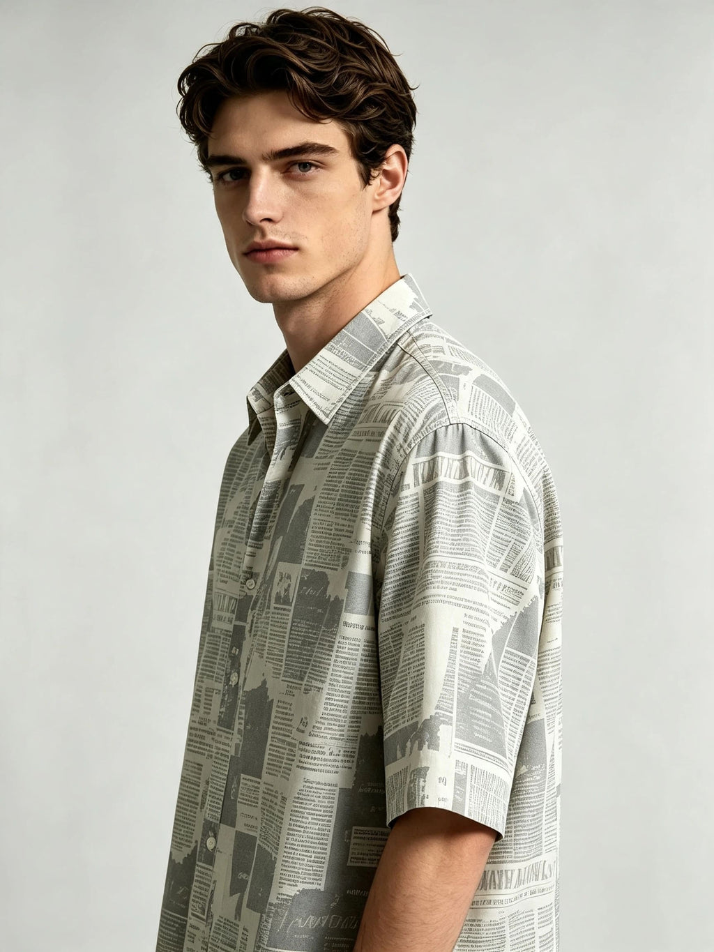 I Heato Men Short Sleeve Shirt Vintage Newspaper Print Grey Tone Summer Blouse