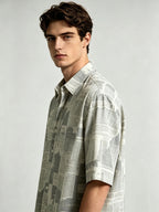I Heato Men Short Sleeve Shirt Vintage Newspaper Print Grey Tone Summer Blouse