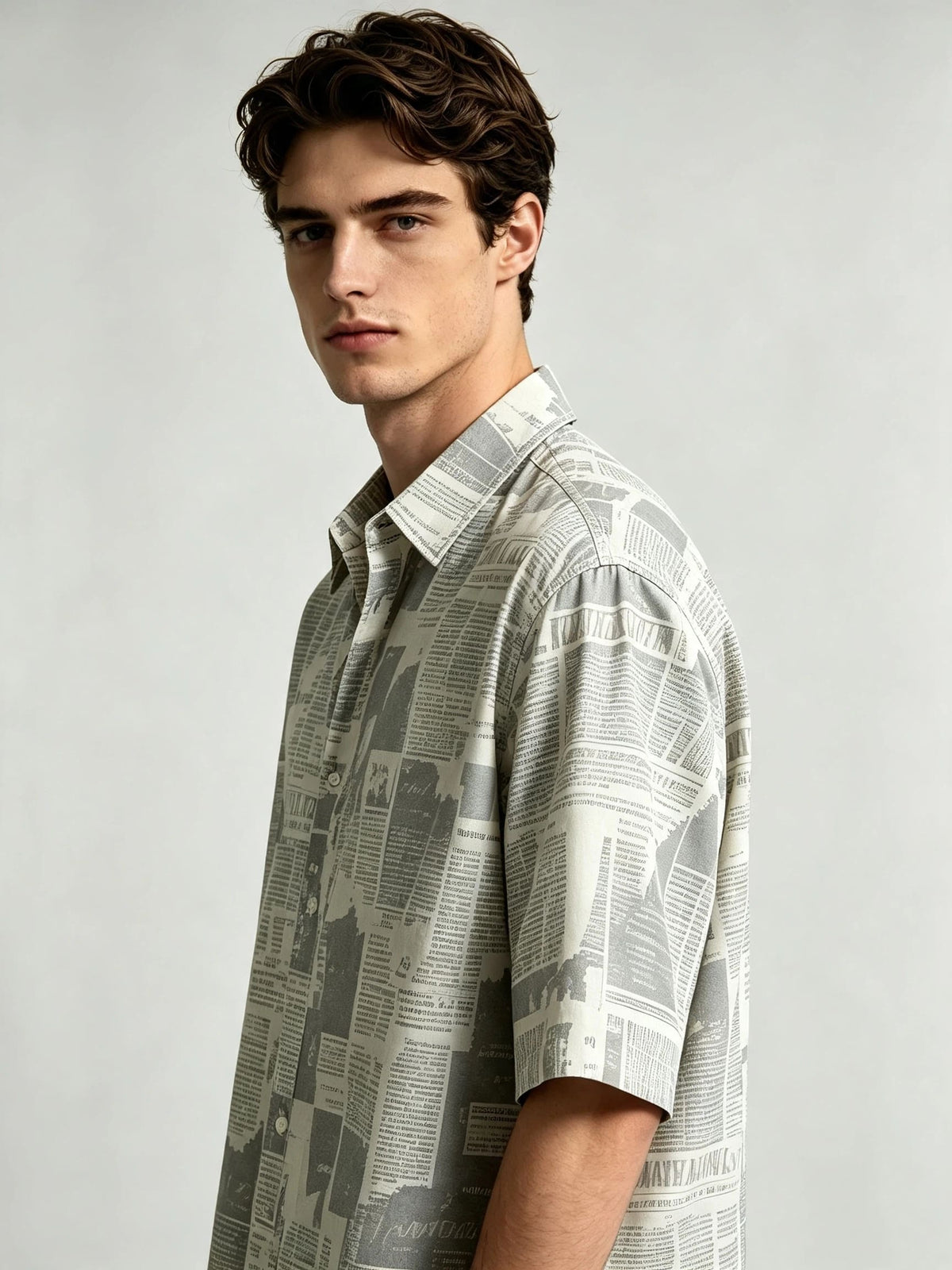 I Heato Men Short Sleeve Shirt Vintage Newspaper Print Grey Tone Summer Blouse